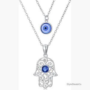 Sterling Silver Evil Eye Hamsa Pendant Necklace Layered Boho Jewelry